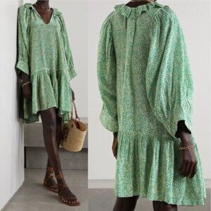 NWT Evarae Marais Printed Ruffled Printed 100% Organic Silk Dress